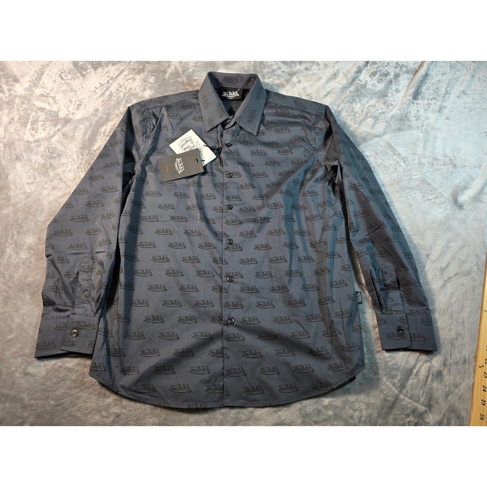 Von Dutch Button Down Shirt Men Medium Gray Black All Over Logo Print